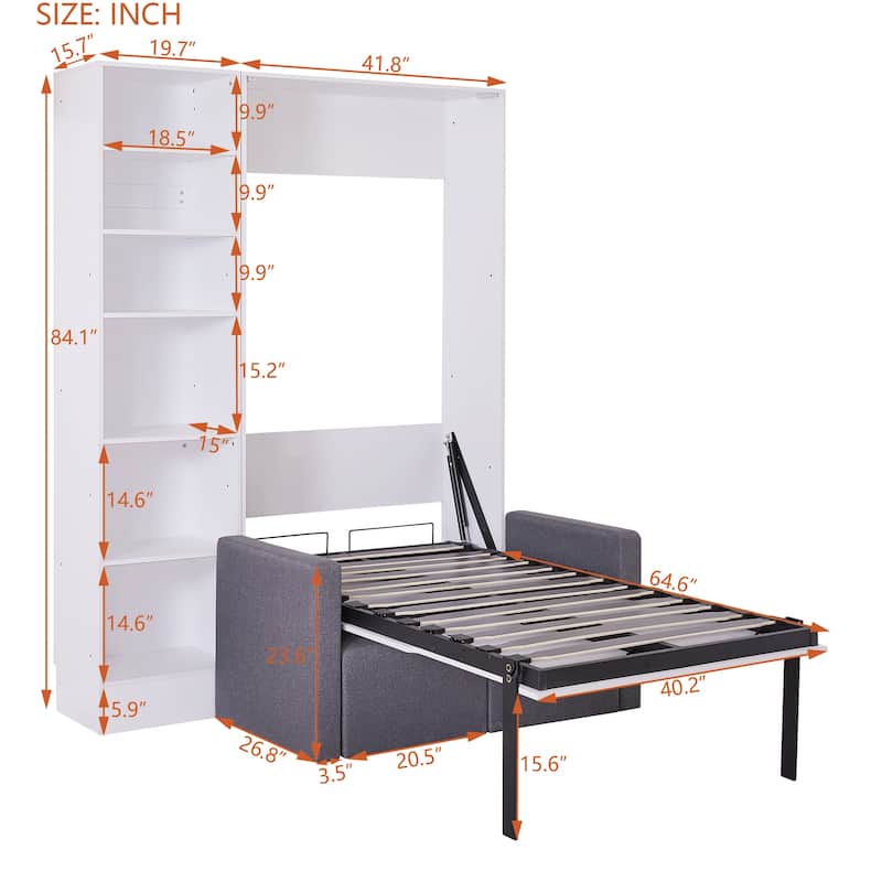 Twin Murphy Bed with Sofa, Shelves - White