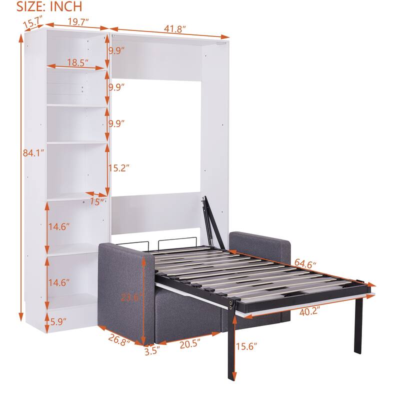 Twin Size Modern Design Versatile Murphy Bed with Integrated Floor-Level Storage Cubbies,Sofa and Shelves for Bedroom