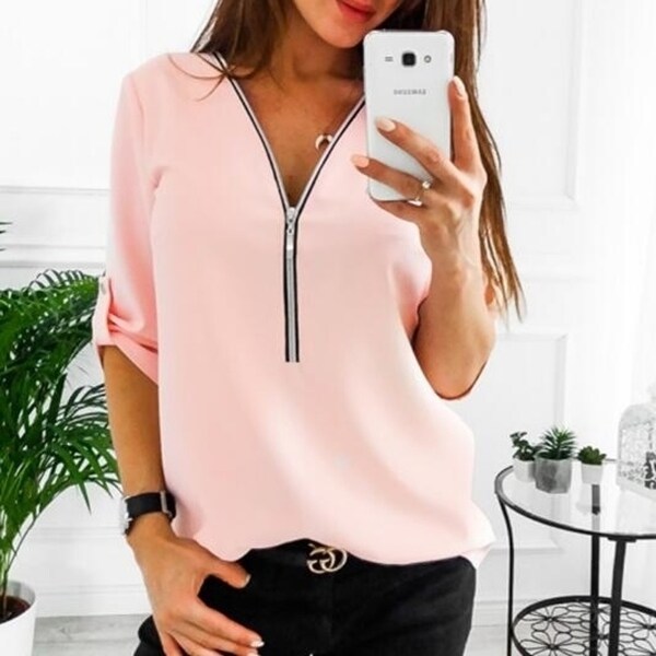 Chiffon Roll-up Sleeve V Neck Zipper Casual Shirt