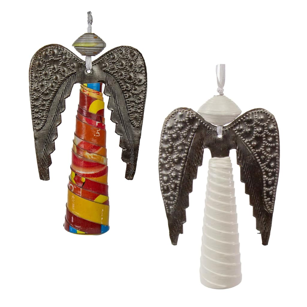 Haitian Paper Mache and Steel Drum Metal Angel Ornaments, Set of 2
