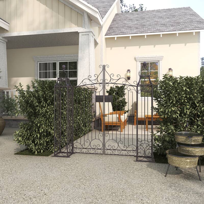 Dark Brown Metal Indoor Outdoor Scrollwork Arched Gate Garden Arbor with Pillars and Latch Lock Closure