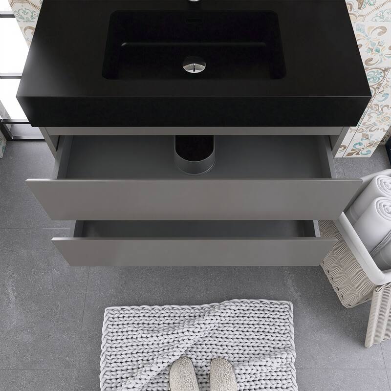 Floating Bathroom Vanity with Black Solid Surface Top