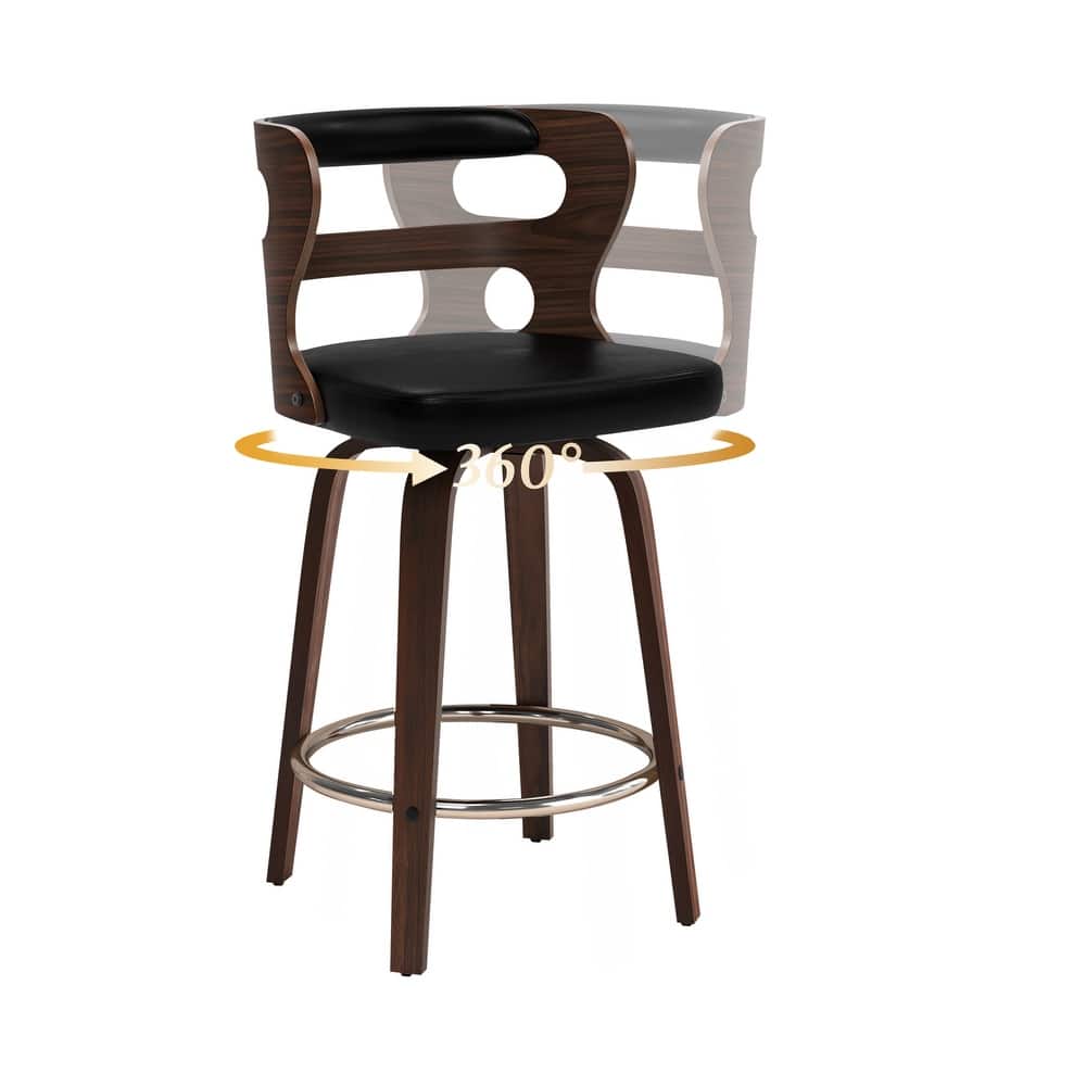 26" Walnut and Faux Leather Swivel Counter Bar Stools With Backs - 26" H