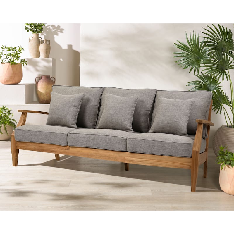 SAFAVIEH Couture Martinique Wood Patio Sofa - 82"W x 35"D x 32"H - Natural Teak/Taupe