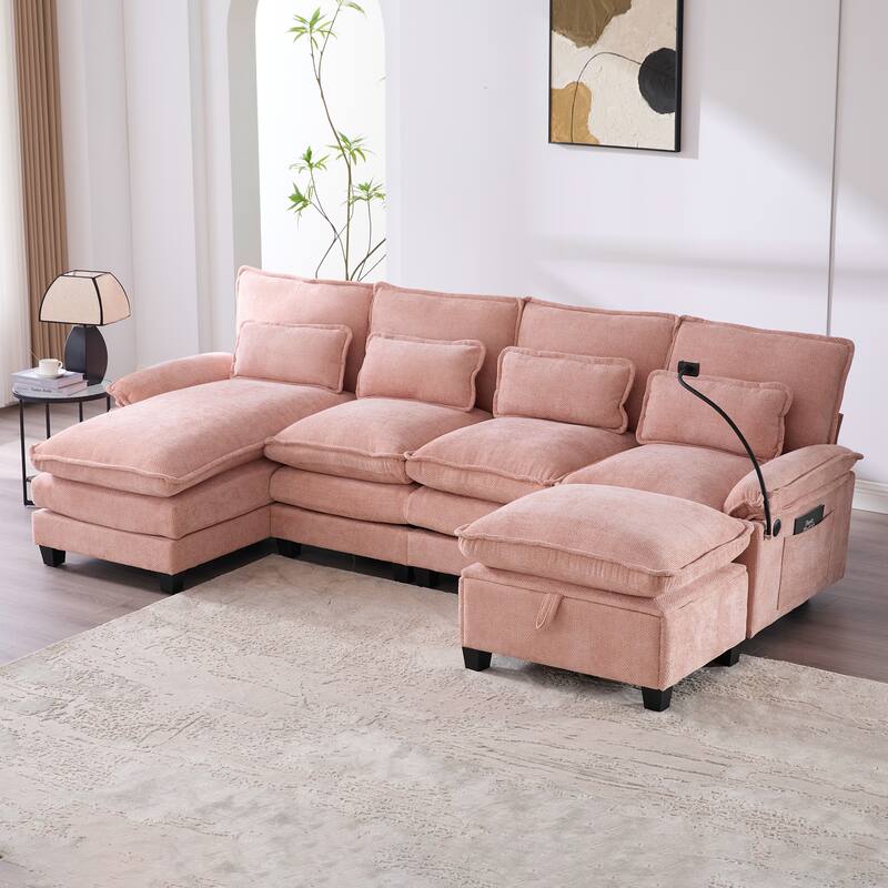 HOMEFUN Chenille Upholstered Oversized U-shaped Comfy Modular Sectional Sofa with Storage Ottoman - Pink