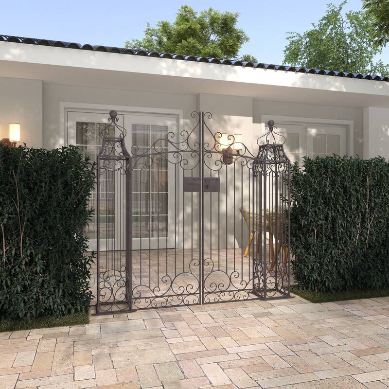 Dark Brown Metal Indoor Outdoor Scrollwork Arched Gate Garden Arbor with Pillars and Latch Lock Closure