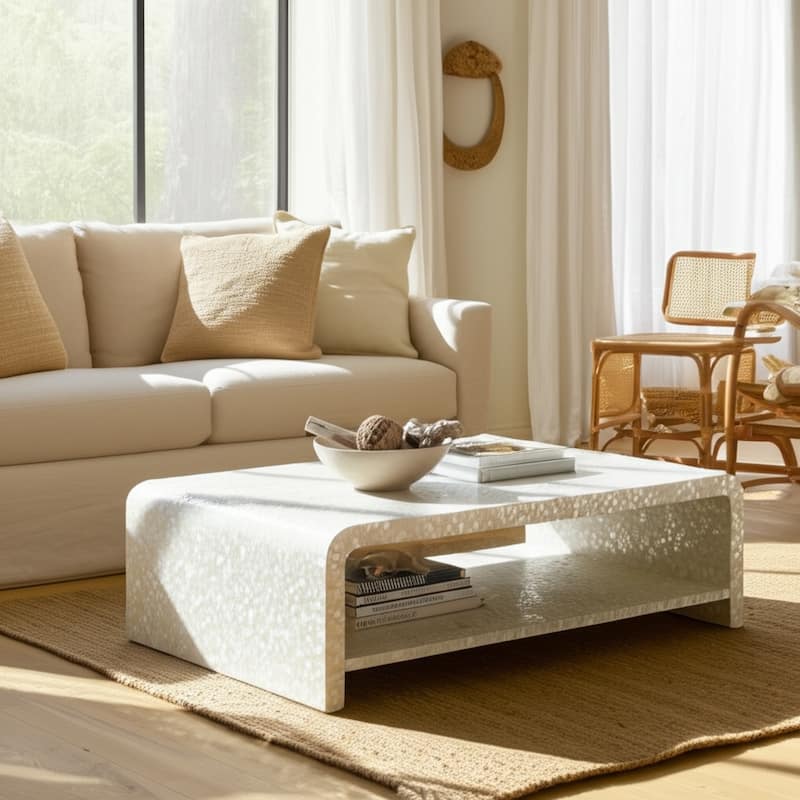 Wood Teak Coffee Table Shell Inlay for Living Room Bedroom - 16" Ivory - 47" x 23.5" x 15.75"