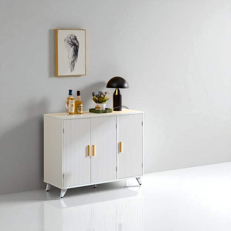 Modern White Buffet Cabinet with Fluted Texture and Brass Legs, Accent Sideboard for Kitchen or Entryway - White