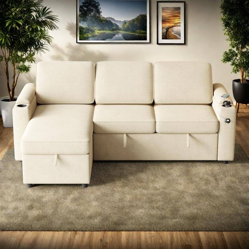 85.8" Fabric 3-Seat Sleeper Sofa with Storage & USB Charging Ports - Beige