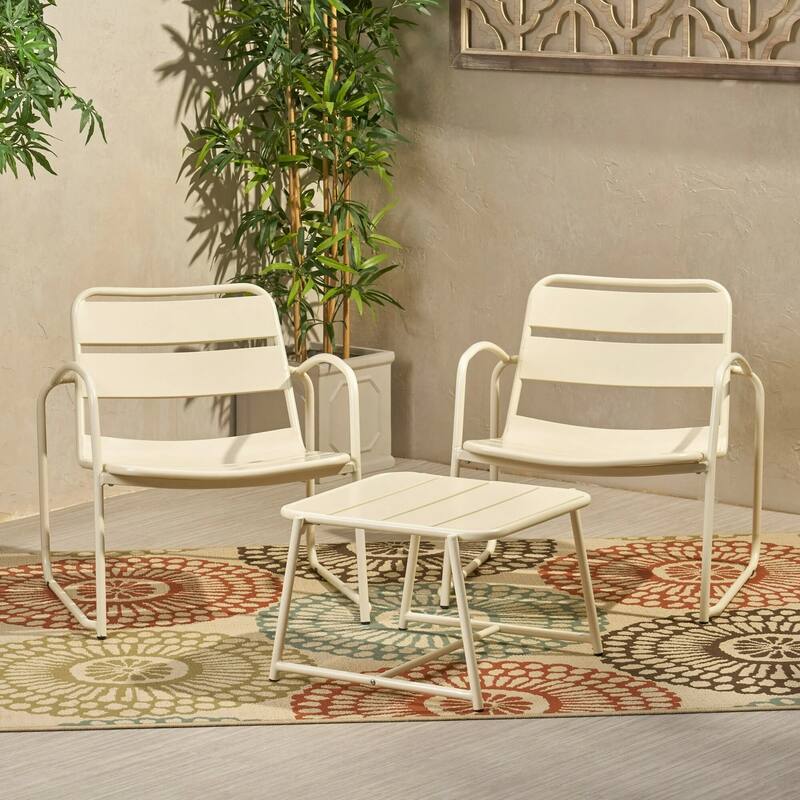 Roomfitters Outdoor Chat Set 3 Piece Metal Conversation Seating Slat Design Iron Chairs - Matte White