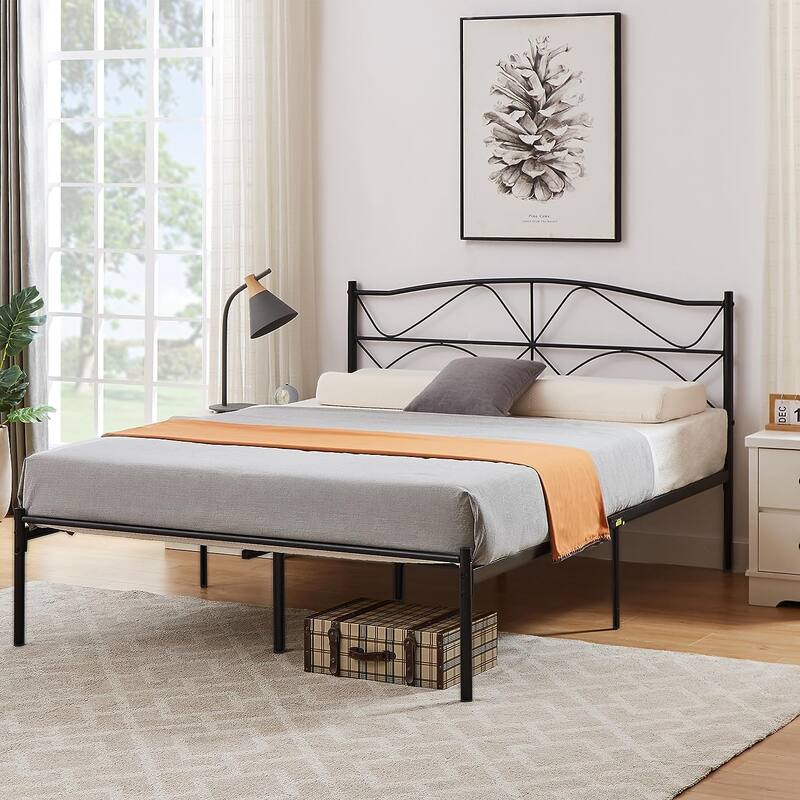 Javlergo Metal Platform Bed Frame with Elegant Headboard, Heavy Duty Steel Slats Support/No Box Spring Needed - Black - Full