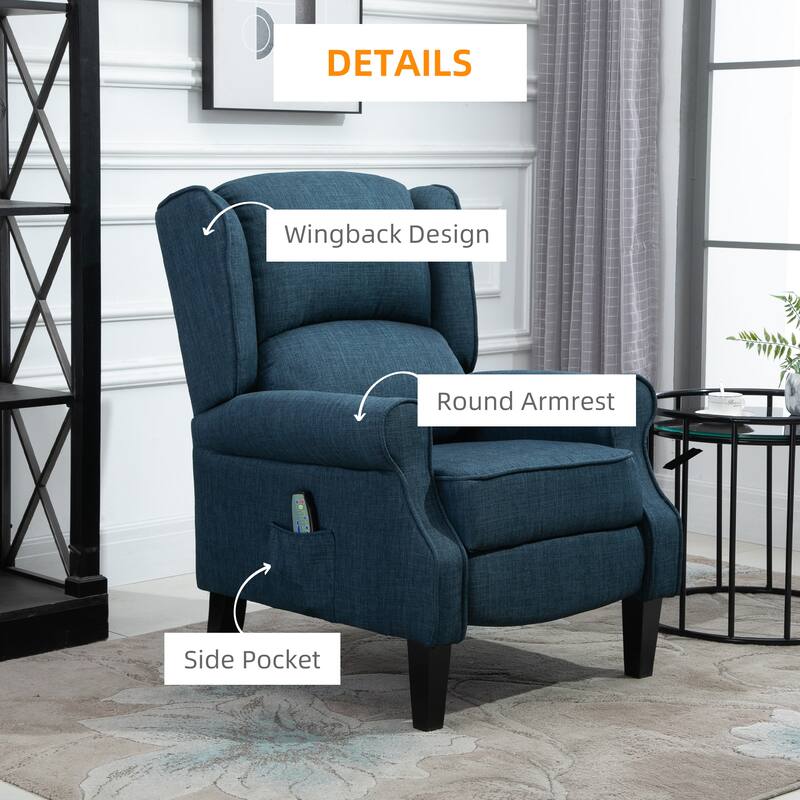 Vintage Upholstered Wingback Heated Vibrating Massage Recliner Chair: with Remote Controller and Push-back Recline.