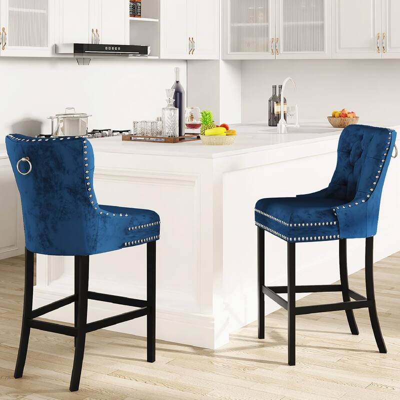 Mieres Farmhouse Kitchen Island Stools, Velvet Tufted Bar Stools with Back and Footrest (Set of 2) - N/A