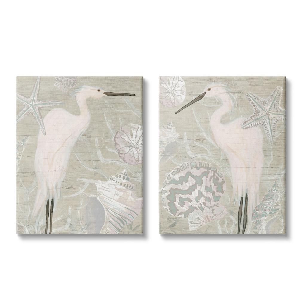 Stupell White Heron Nautical Seashells Rustic Starfish Wildlife 2 Piece Canvas Wall Art, Design by June Erica Vess