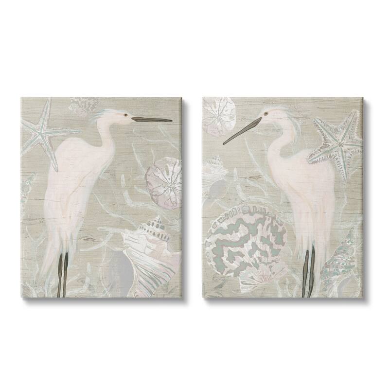 Stupell White Heron Nautical Seashells Rustic Starfish Wildlife 2 Piece Canvas Wall Art, Design by June Erica Vess