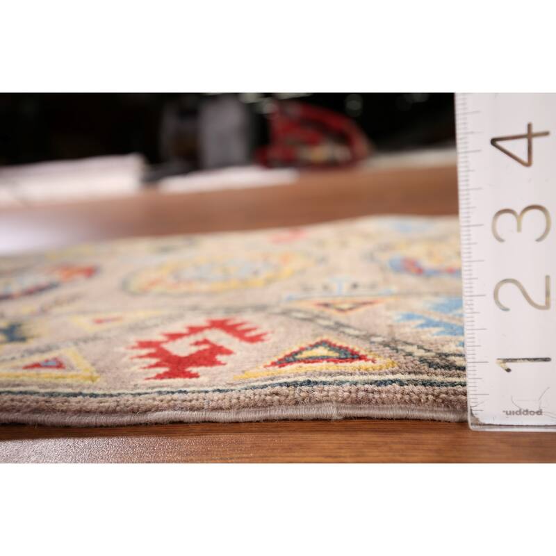 Geometric Brown Kazak Oriental Runner Rug Hand-Knotted Wool Carpet - 1'11" x 5'11"
