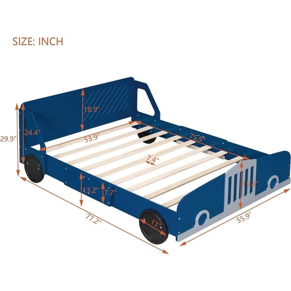 dimension image slide 3 of 6, Twin/Full Car Bed for Kids, Car Shaped Platform Bed with Wheels, Headboard and Footboard, Toddler Car Bed Slat Support