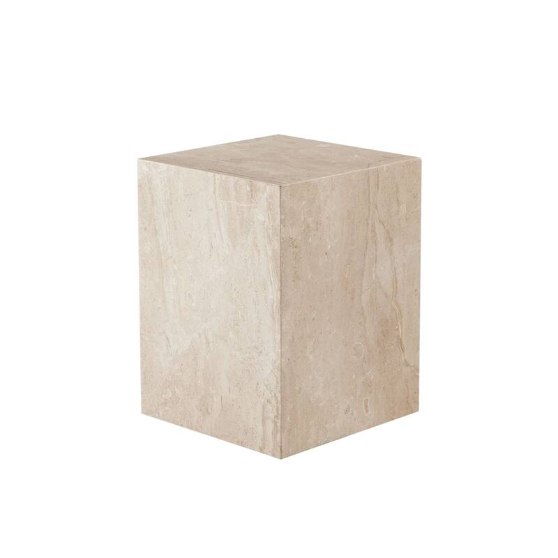 Rey Side End Table, 15 Inch Square Natural Beige Marble Pedestal