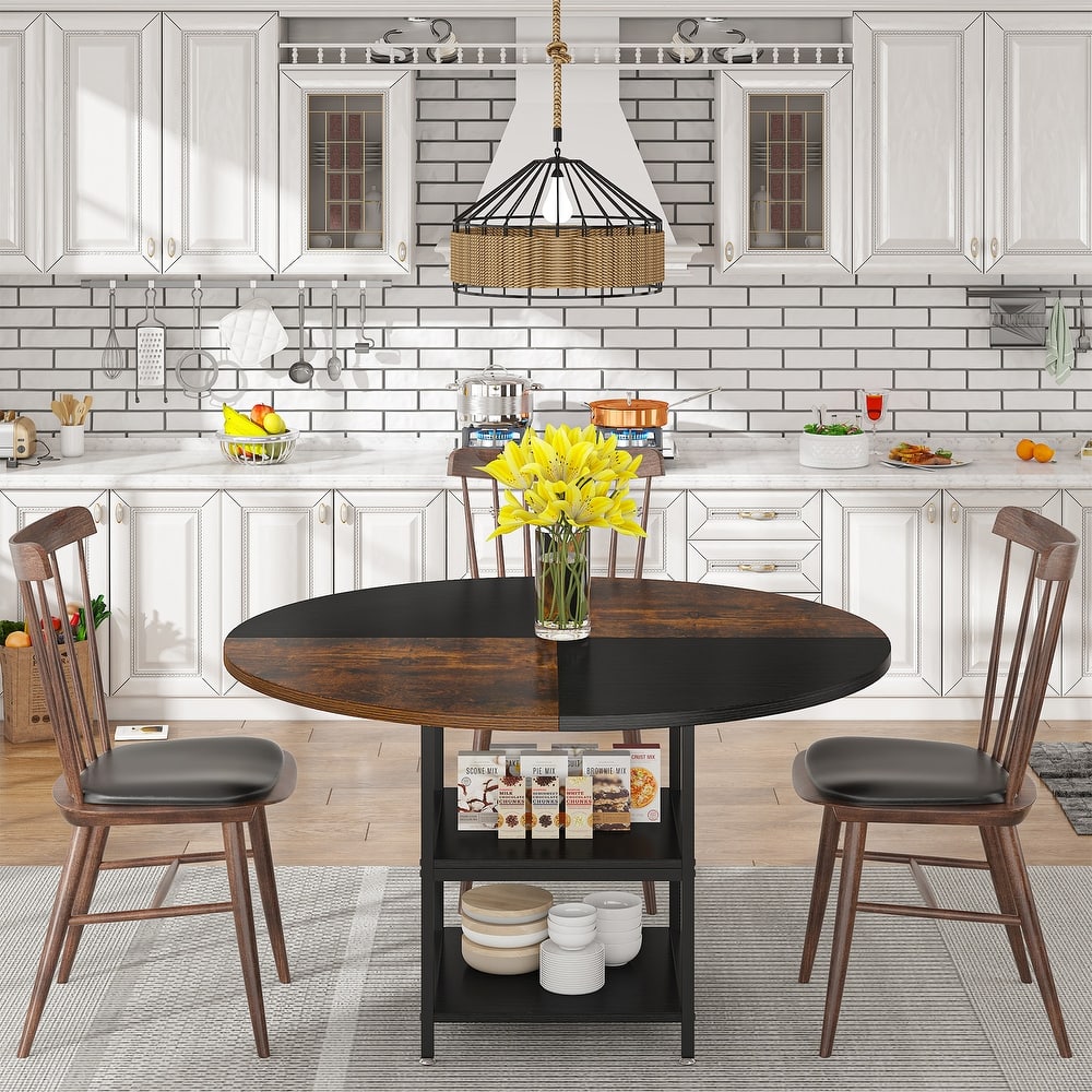 Round Dining Table with Storage Shelves for Kitchen Dining Room