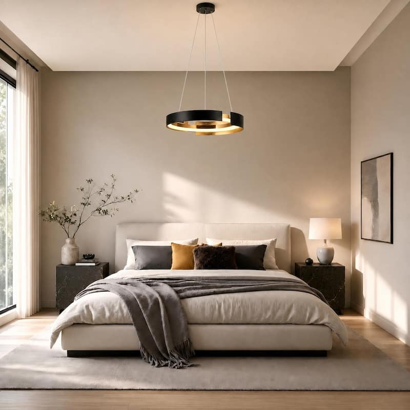Modern LED Gold Black Drum Chandelier Large Pendant Light for Living Room - D19.5"x H 3.3"