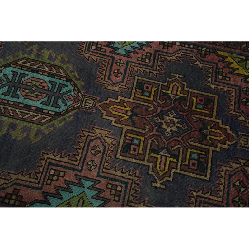 Hand Knotted Oriental 100% Wool Carpet Traditional Geometric Navy Blue & Blues Heriz Runner Rug - 14' 3'' X 3' 5''