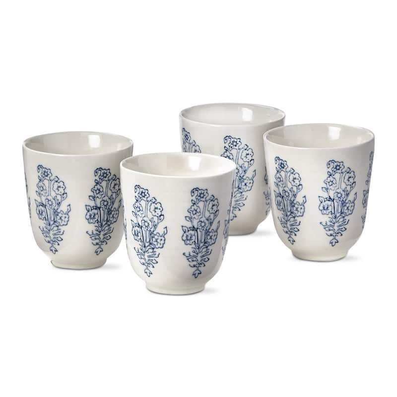 Cottage Blue Floral Stoneware Tea Cup Set of 4, Dishwasher Safe, 6 oz.
