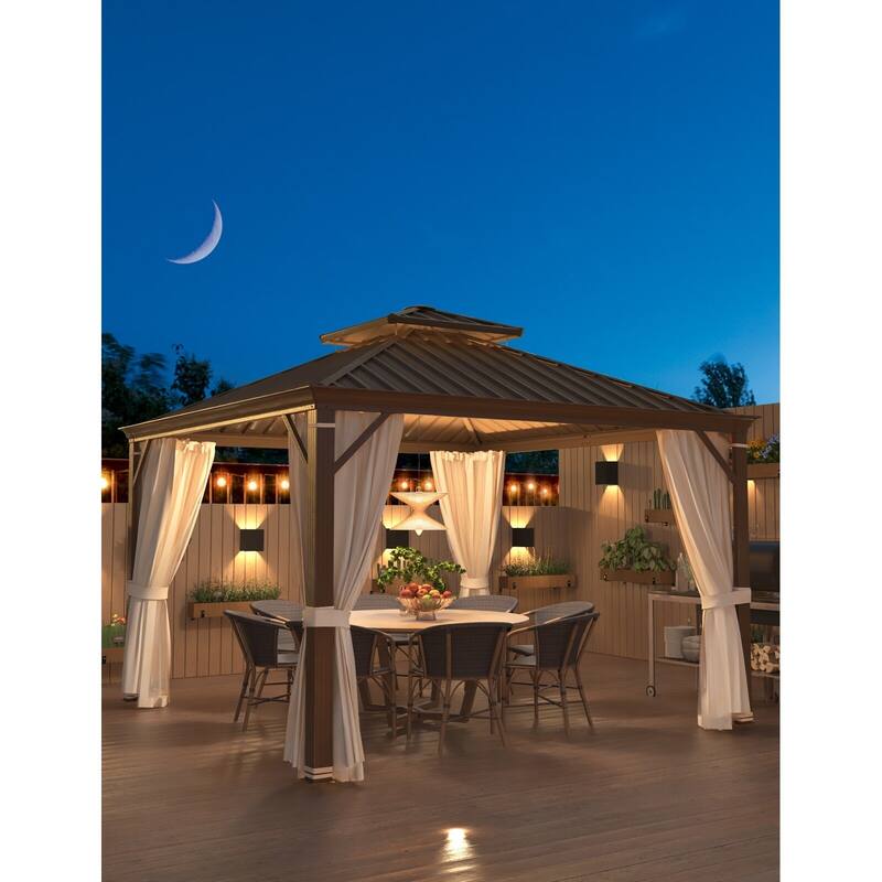 EROMMY Hardtop Patio Gazebo with Double Roof and Privacy Curtains, 12x16 FT Permanent Outdoor Metal Gazebo for Backyard, Deck