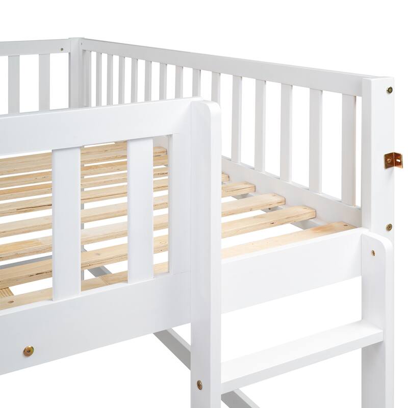 Full Size Low Loft Bed with Ladder and Slide, White - Space-Saving Design, Removable Slide, Sturdy Pine Wood Construction