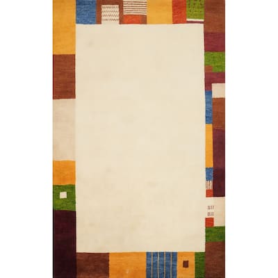 Hand Knotted Oriental 100% Wool Carpet Modern Geometric Beige & Ivories Gabbeh Area Rug - 6' 7'' X 4' 8''