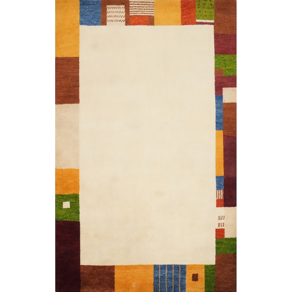 Hand Knotted Oriental 100% Wool Carpet Modern Geometric Beige & Ivories Gabbeh Area Rug - 6' 7'' X 4' 8''