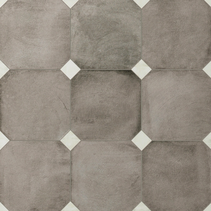 Merola Tile Laverton Octagon Grafito with Taco Nieve 7-7/8" x 7-7/8" Porcelain Floor and Wall Tile