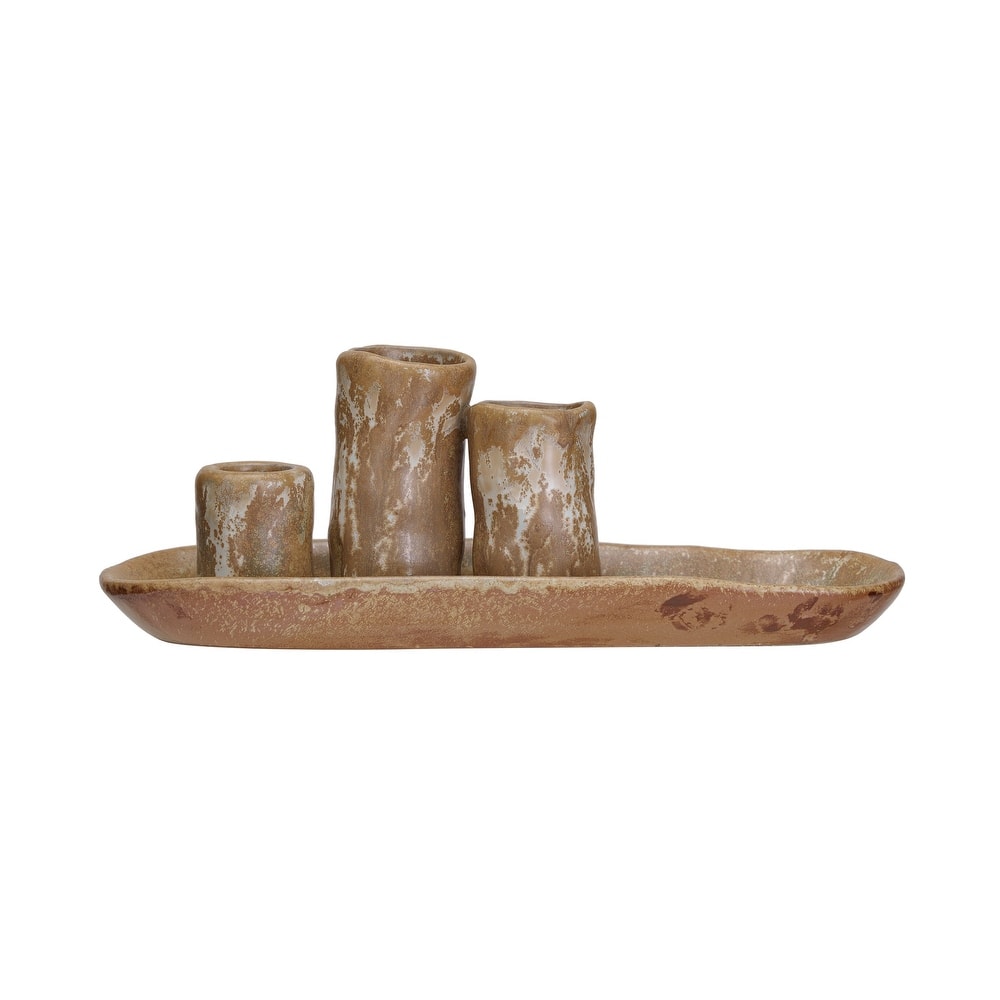 Stoneware Vases and Candle Holder on Tray - 9.3"L x 3.6"W x 3.3"H - 9.3"L x 3.6"W x 3.3"H