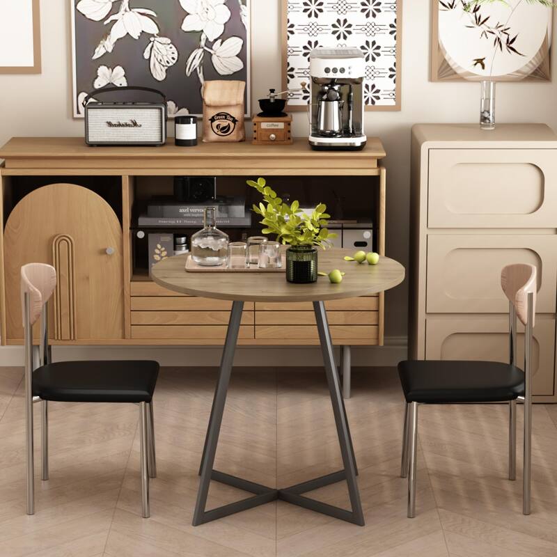 Anmytek Round Dining Table Modern Wood Top and Metal Frame Brown Industrial Kitchen Table