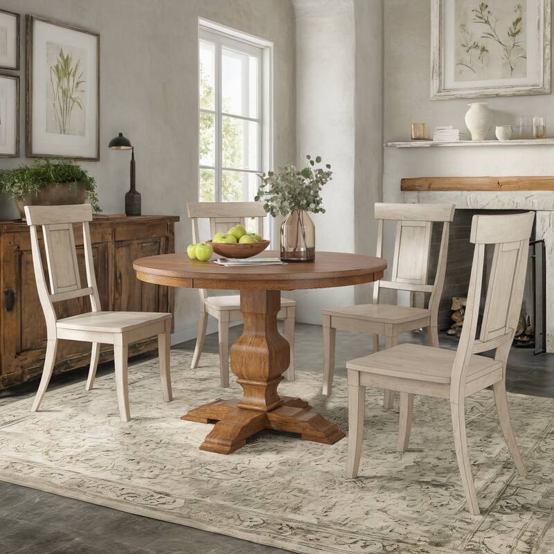 Ronda 45" Round Solid Wood Top Dining Set with Panel Back Chairs - Oak Table - Antique White Chairs