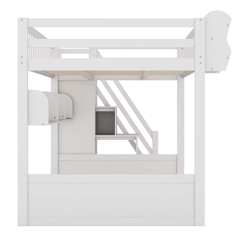 Queen Wooden Loft Bed with Storage Staircase Wardrobe, 2 Side Shelves, 3 Storage Shelves and Versatile Under-Bed Space