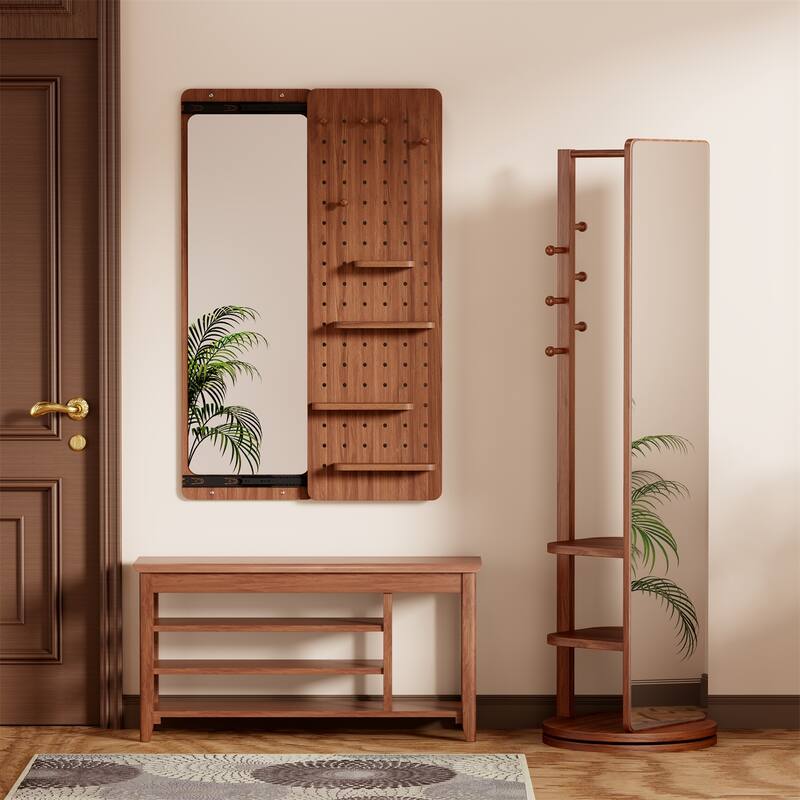 Wall Mounted Full Length Mirror with Shelf and Hook, Multifunctional Panel