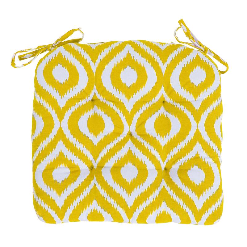 Tufted Damask Handmade Cotton Dining Chair Cushion (Set of 2) - 16 Inch with Ties - Yellow