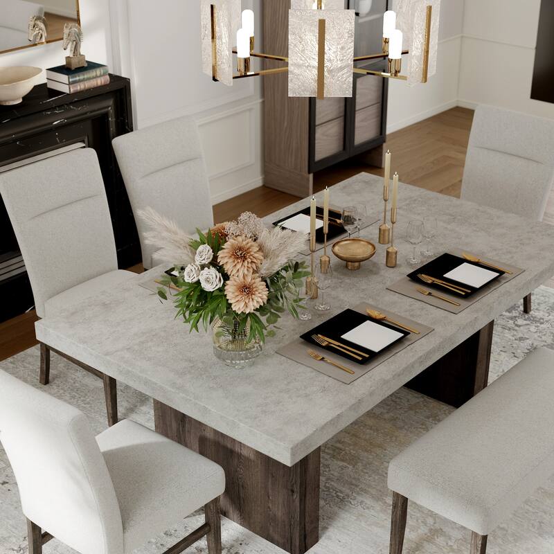 Roundhill Furniture Sorlen Modern 6-Piece Dining Set, 3D Faux Concrete Table with 4 Chairs and Bench