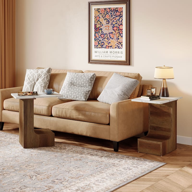 2-Tier C-Shaped Sofa Side Table, Bedside End Table with Faux Marble Tabletop, C Table for Sofa, Bedroom, Living Room - 2 PCS