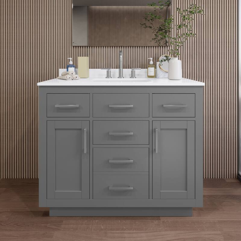 Wyndham Collection WCG262642S-QTZ-US3MXX Beckett TK 42" Free Standing - Dark Gray / White Quartz Top / Brushed Nickel
