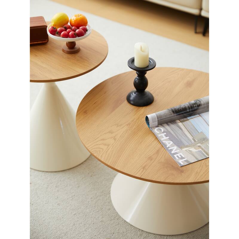 Set of 2 Round Coffee and Side Tables MDF Top Metal Double Cone Base