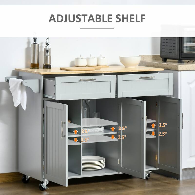 Mobile Kitchen Island On Fixed Wheels with Storage Space, 2 Drawers, 3 Cupboards, Adjustable Shelves and Towel Rack, White
