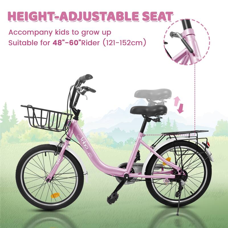 20 Inch Kids Steel Frame Bike, 7-Speed Children Bicycle with Coaster Brake, V-Brake, Chain Guard & Rear Rack for Boys & Girls
