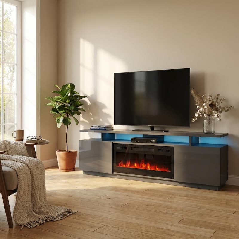 Meble Furniture Eva 71" E-Fireplace TV Stand w/LED, Temperature Control & Remote, Fits TVs up to for up to 80" TVs