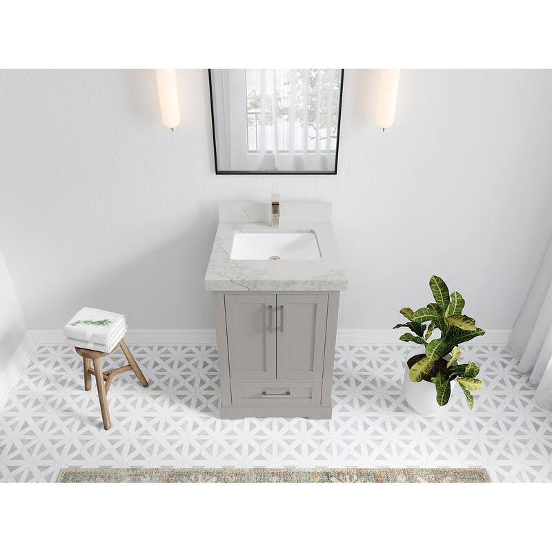 Willow Collection 30 in W x 22 in D x 36 in H Reeded Boston Single Bowl Sink Bathroom Vanity with Quartz or Marble Countertop - 2"Calacatta Nuvo - Elephant Skin Gray