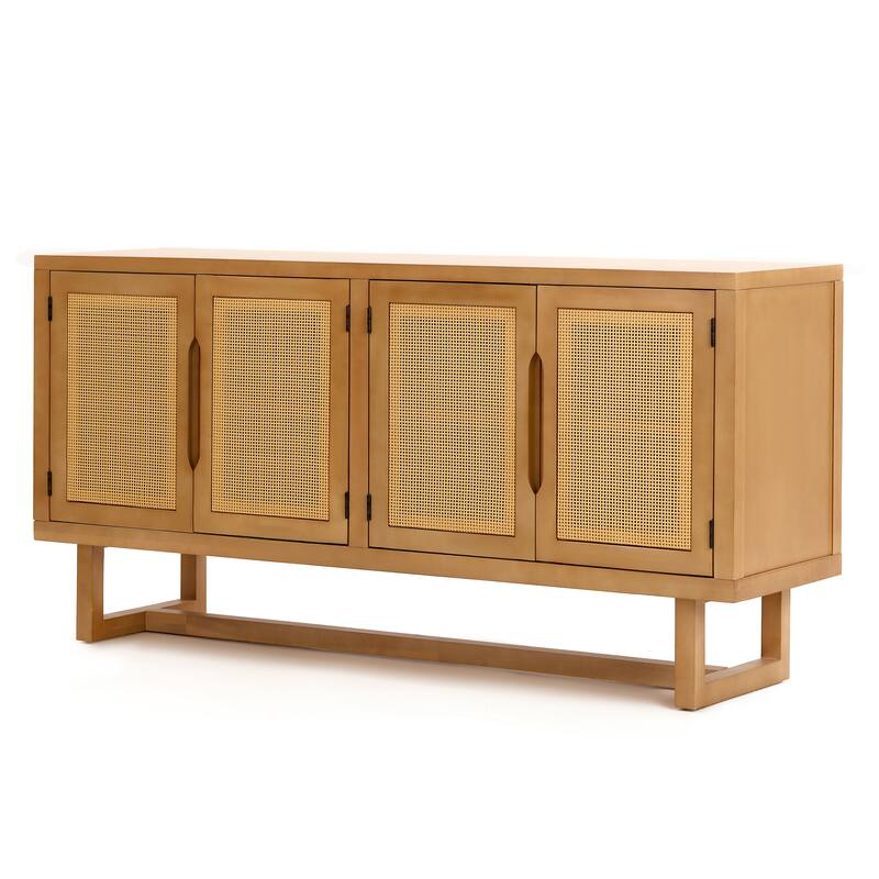 Christopher Knight Home - Modern Acacia Wood PE Cane 4-Door Storage Sideboard Cabinet with Locking Cabinets