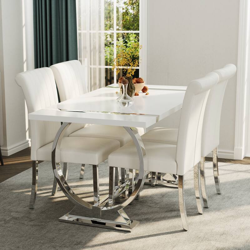 Modern White Dining Table with Polished Stainless Steel Circle Base