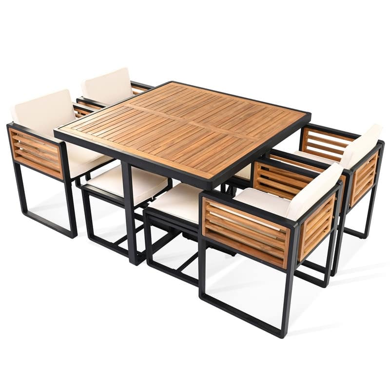9-Piece/18-Piece Acacia Wood Patio Dining Set, Outdoor Dining Table Set with Cushioned Chairs, Ottomans and 1 Square Table