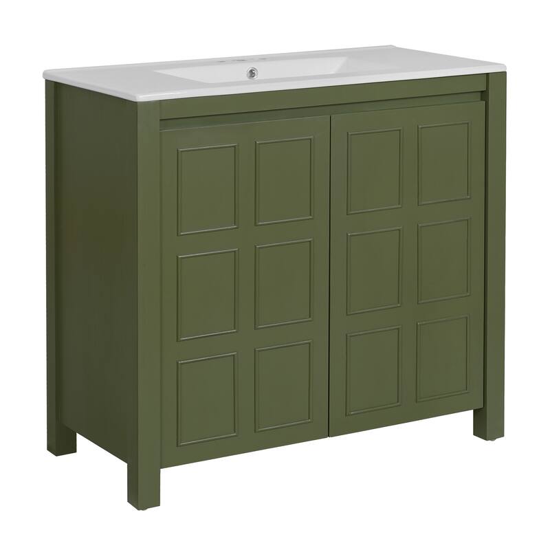 36 " Bathroom Vanity Organizer with Ceramic Sink - Olive Green