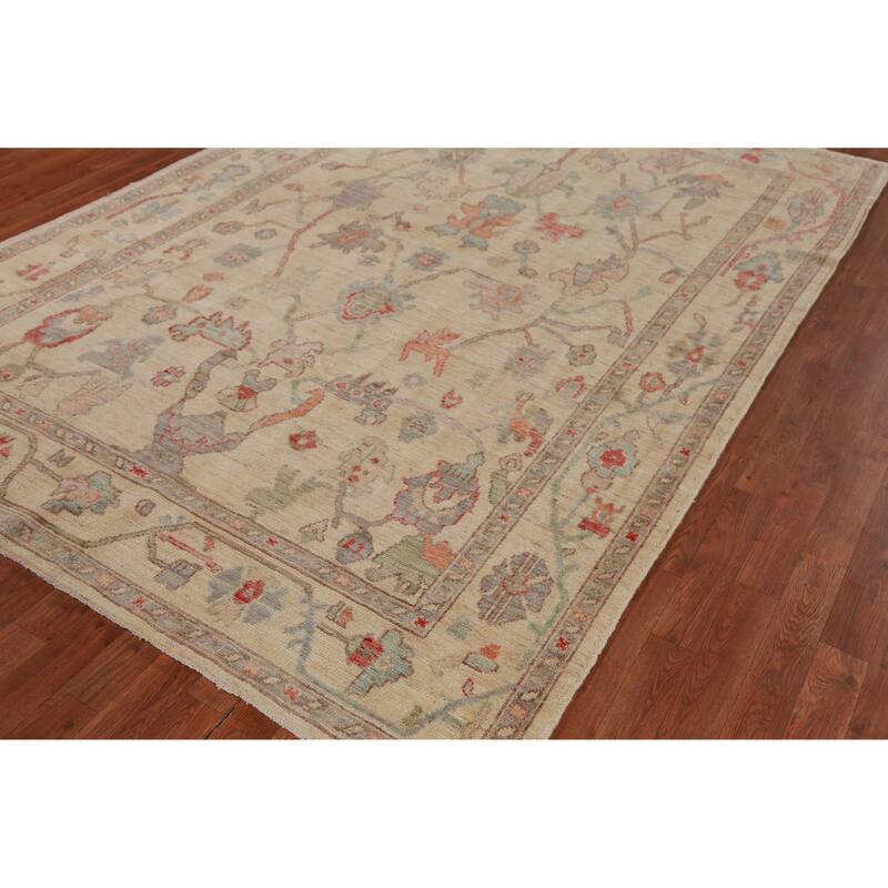 Hand Knotted Oriental 100% Wool Carpet Transitional All-Over Beige & Ivories Oushak Area Rug - 9' 2'' X 6' 2''